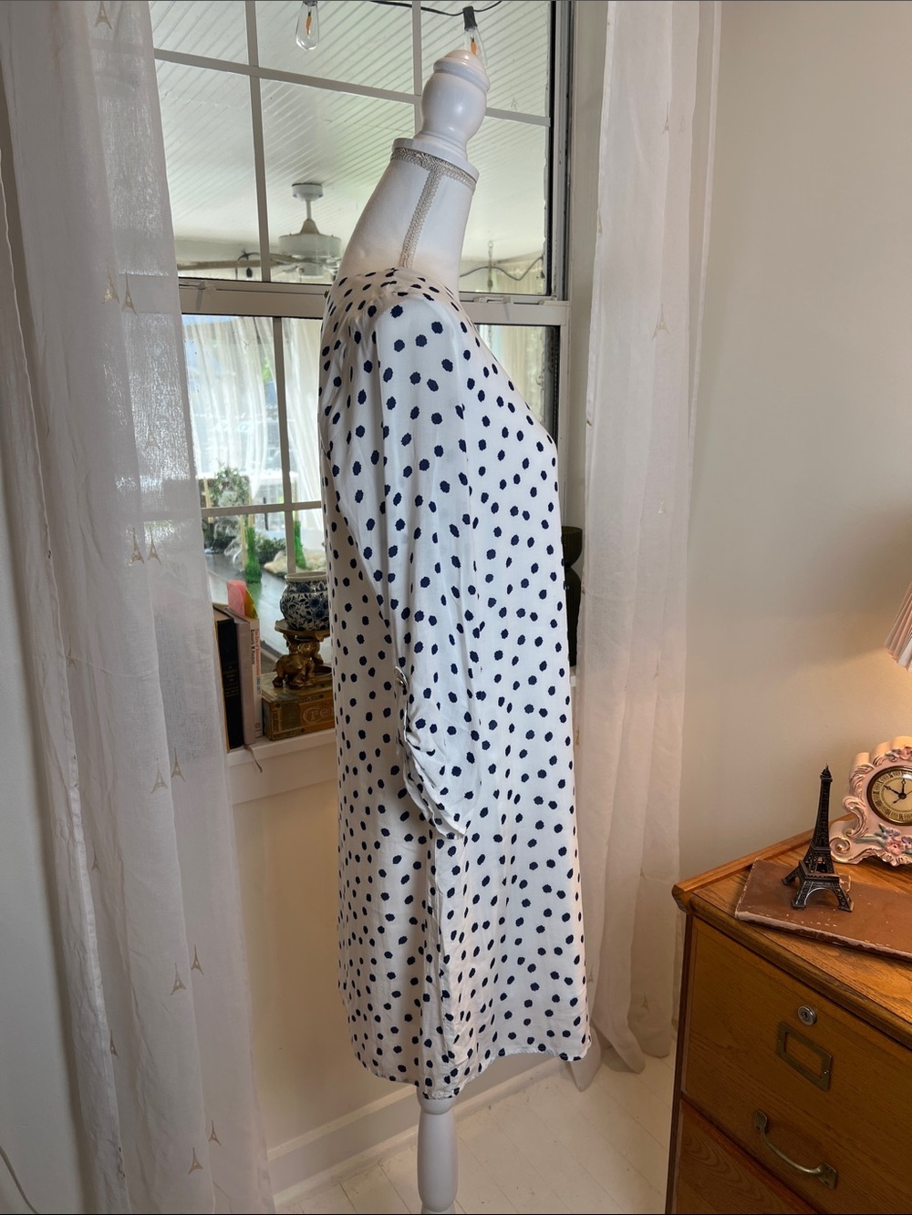 C White Long-Sleeve Polka Dot Shift Dress with navy blue  Dots size medium. - Picture 3 of 7
